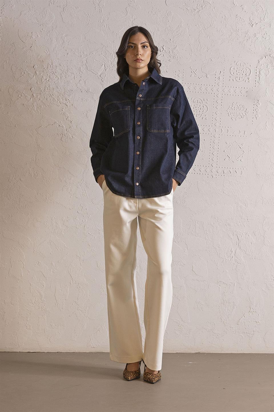 Oversize Çıtçıtlı Denim Kadın Gömlek