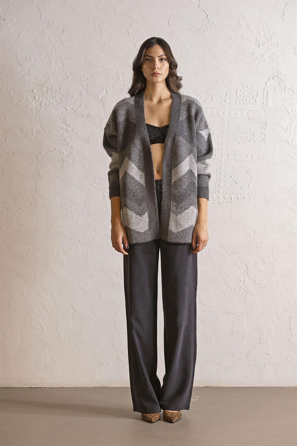 Oversize Desenli Kadın Hırka