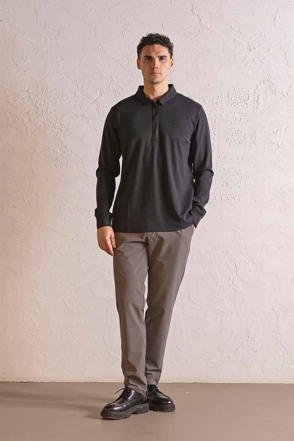 Polo Yaka Dikiş Detaylı Erkek Sweatshirt