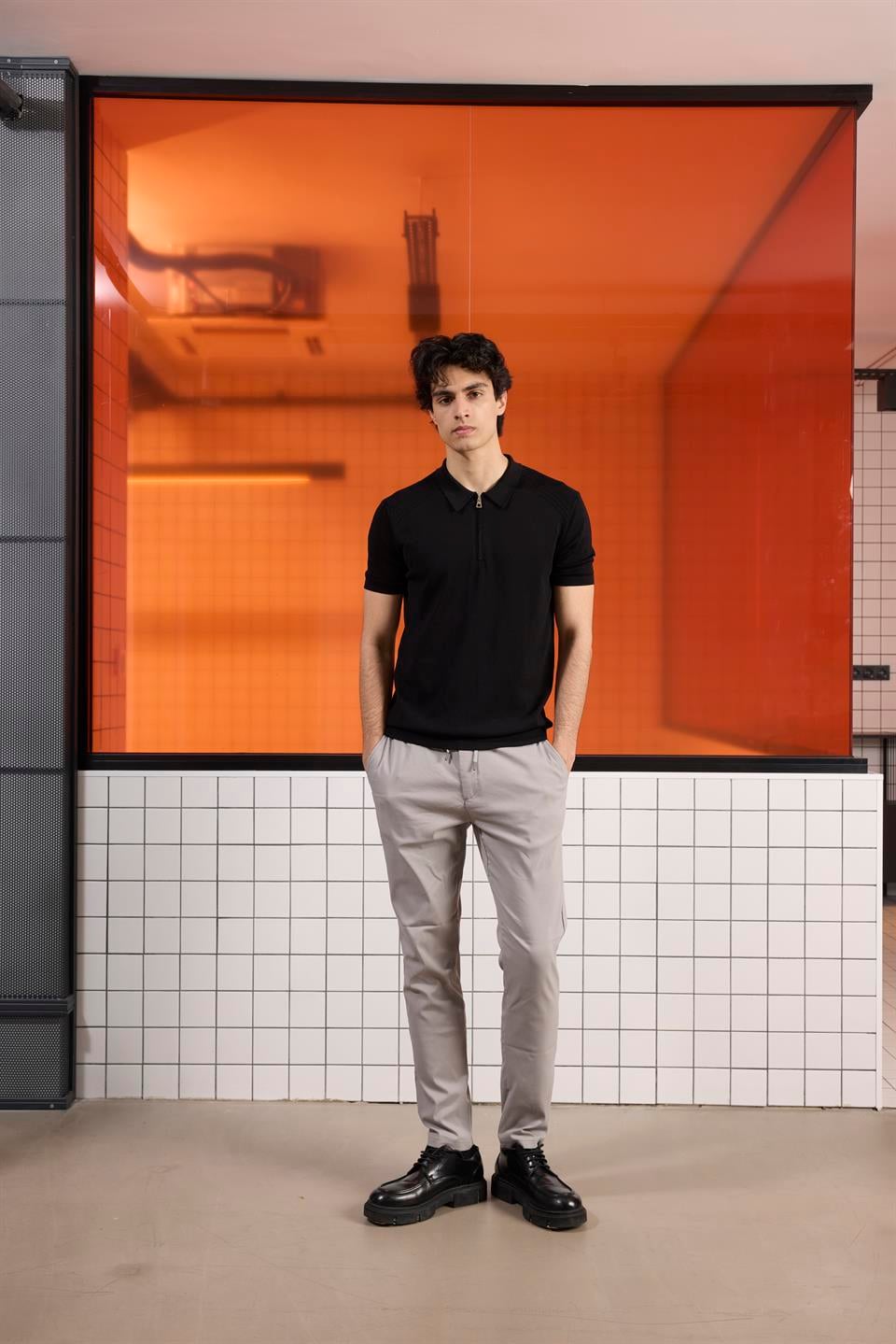 Polo Yaka Fermuarlı Slim Fit Triko Erkek Kazak