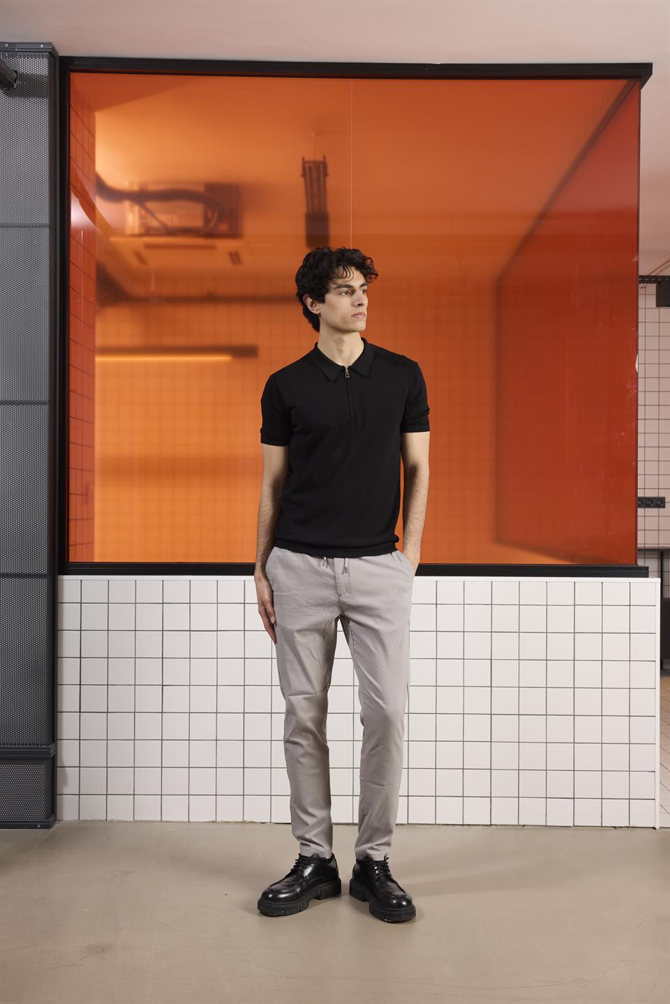 Polo Yaka Fermuarlı Slim Fit Triko Erkek Kazak