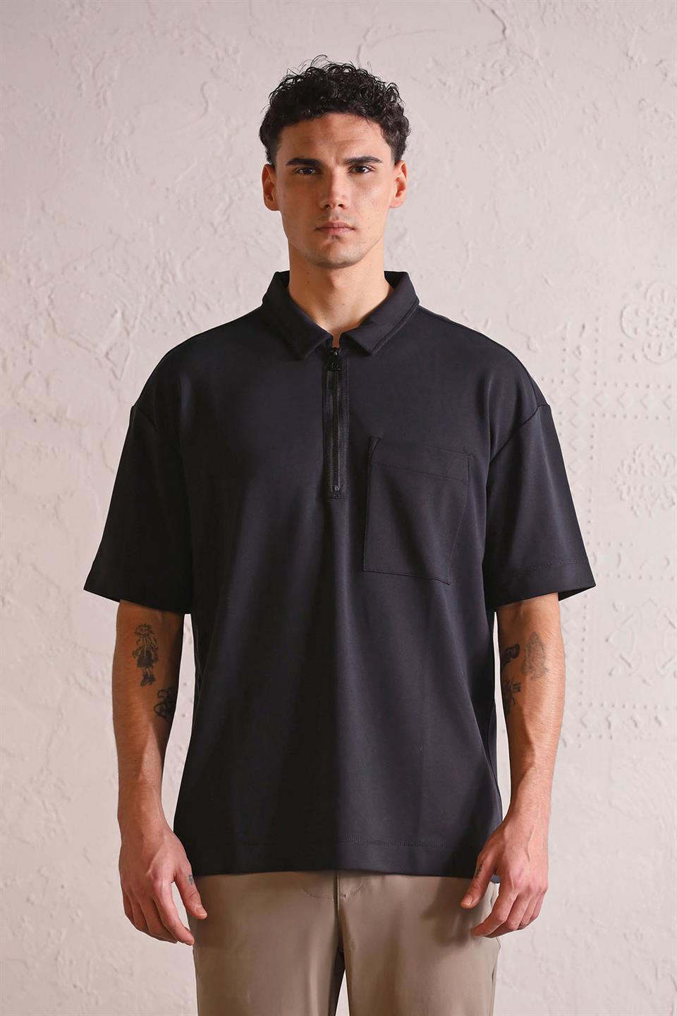 Polo Yaka Patı Fermuarlı Cepli Erkek T-shirt