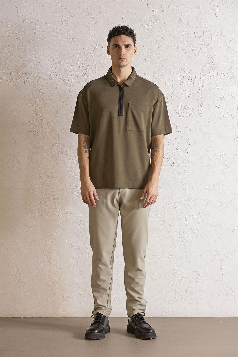 Polo Yaka Patı Fermuarlı Cepli Erkek T-shirt