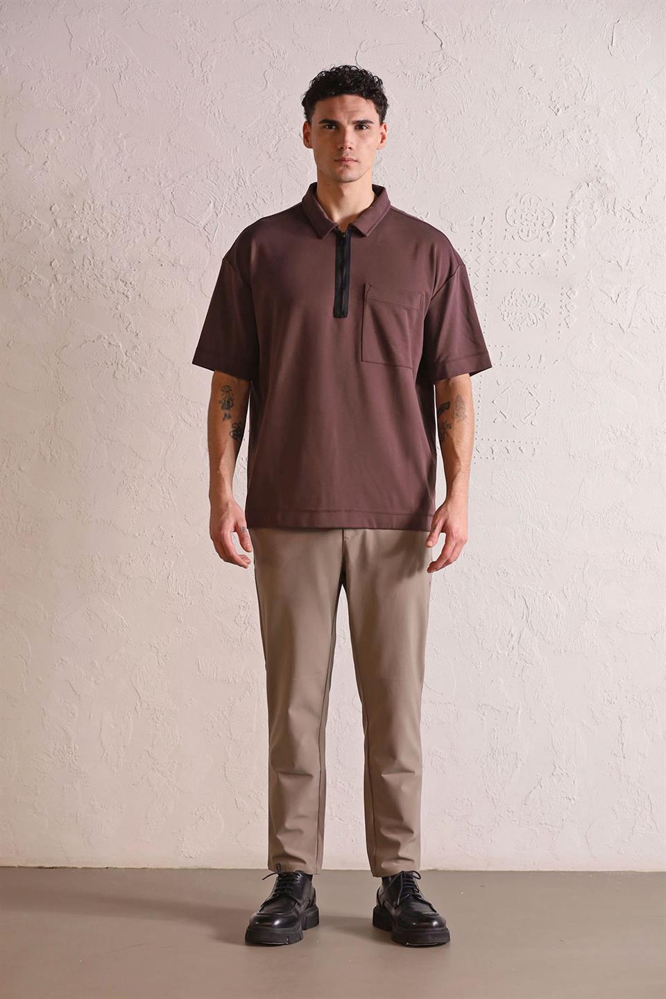 Polo Yaka Patı Fermuarlı Cepli Erkek T-shirt