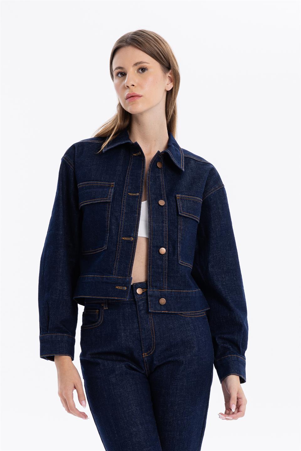 Slim Fit Cepli Denim Kadın Ceket