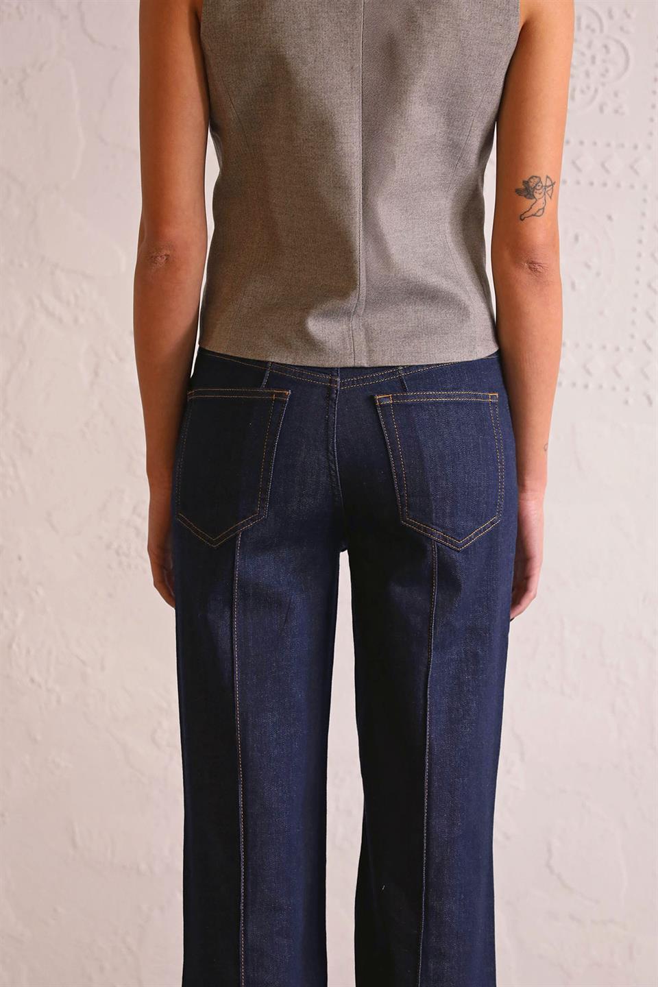 Straight Fit Dikiş Detaylı Denim Kadın Pantolon