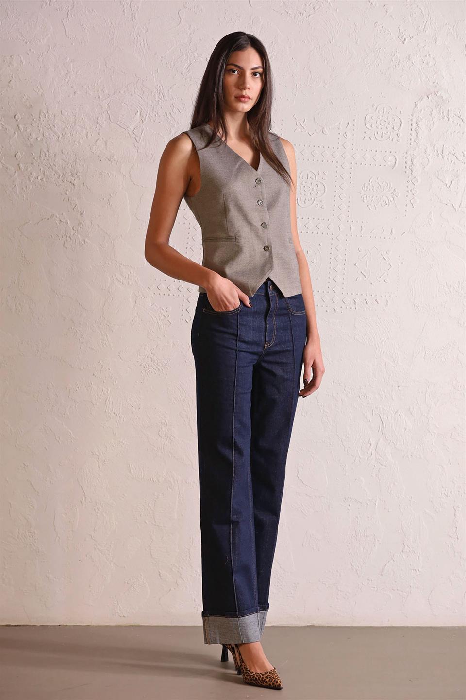 Straight Fit Dikiş Detaylı Denim Kadın Pantolon