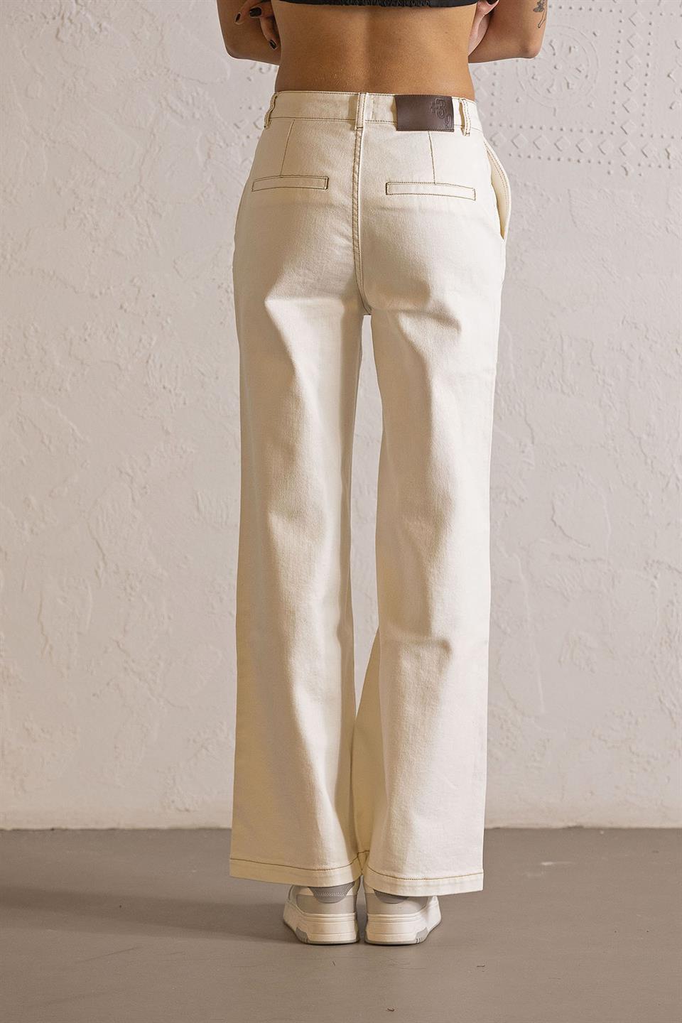 Wide Leg Ekru Denim Pantolon