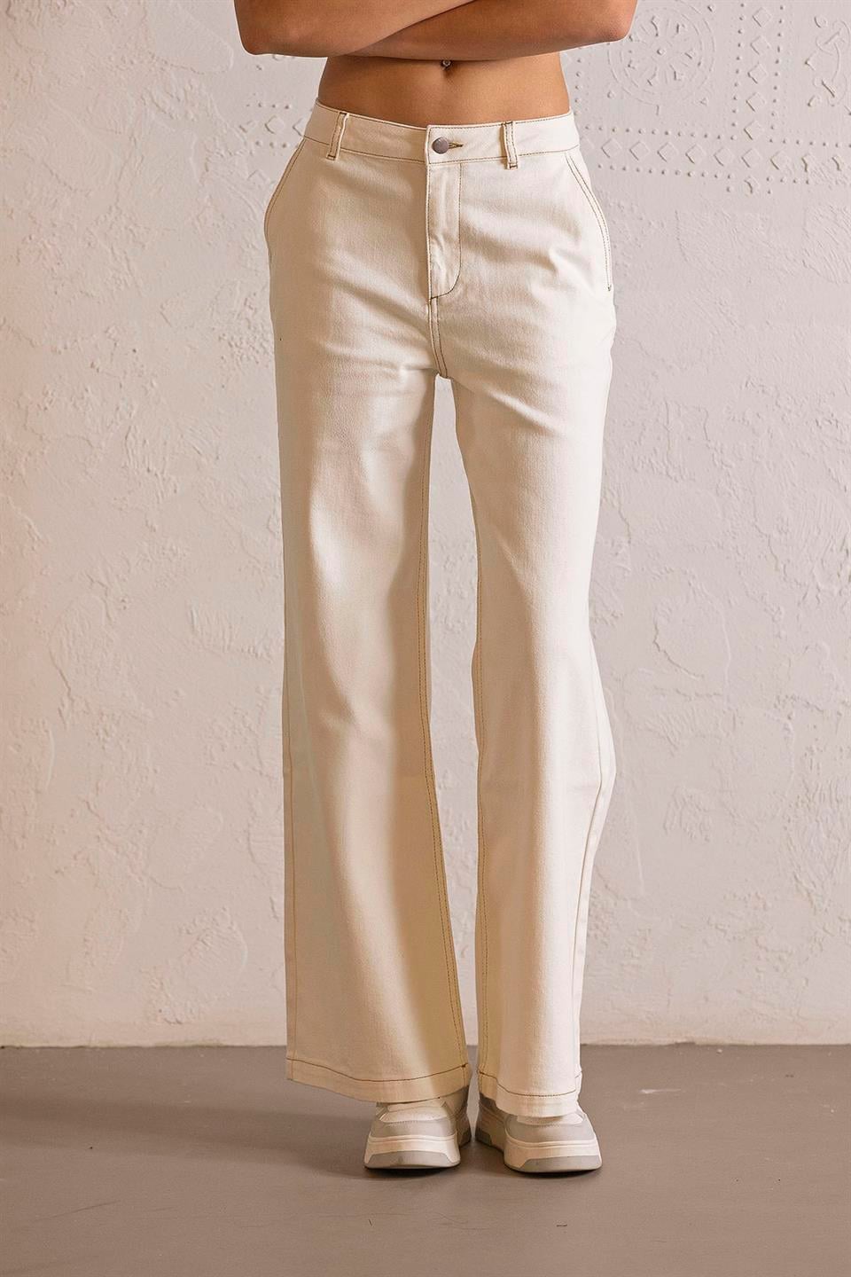 Wide Leg Ekru Denim Pantolon