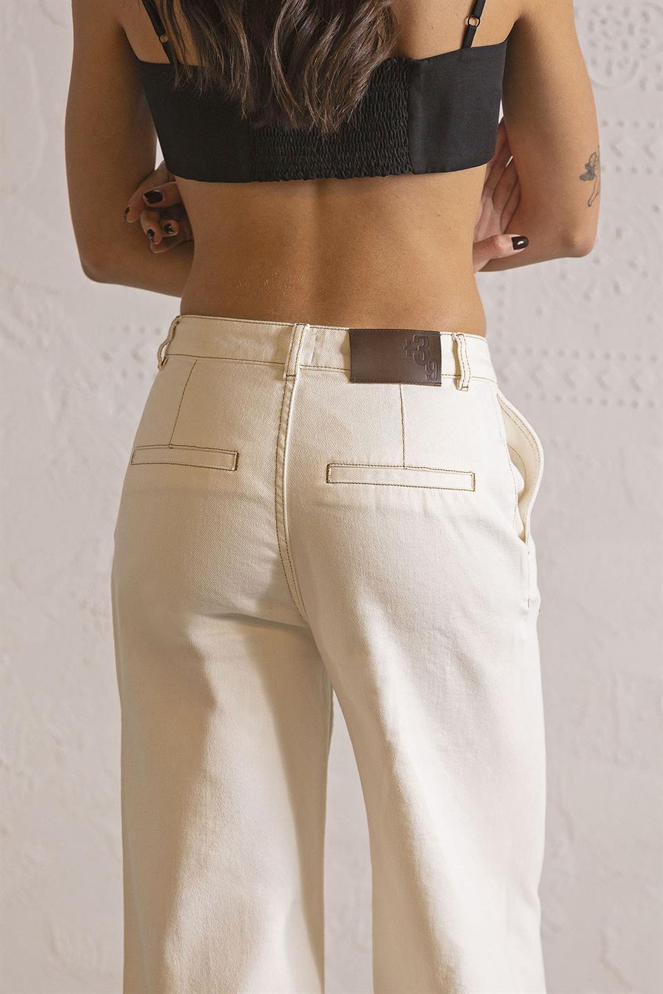 Wide Leg Ekru Denim Pantolon