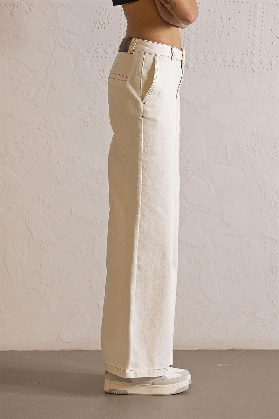 Wide Leg Ekru Denim Pantolon