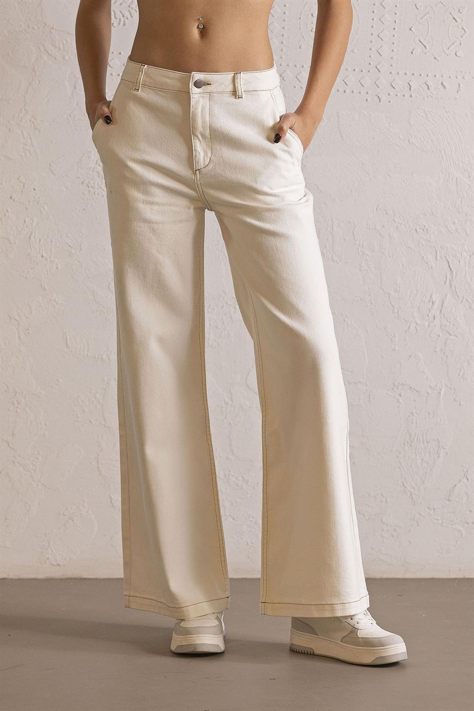 Wide Leg Ekru Denim Pantolon