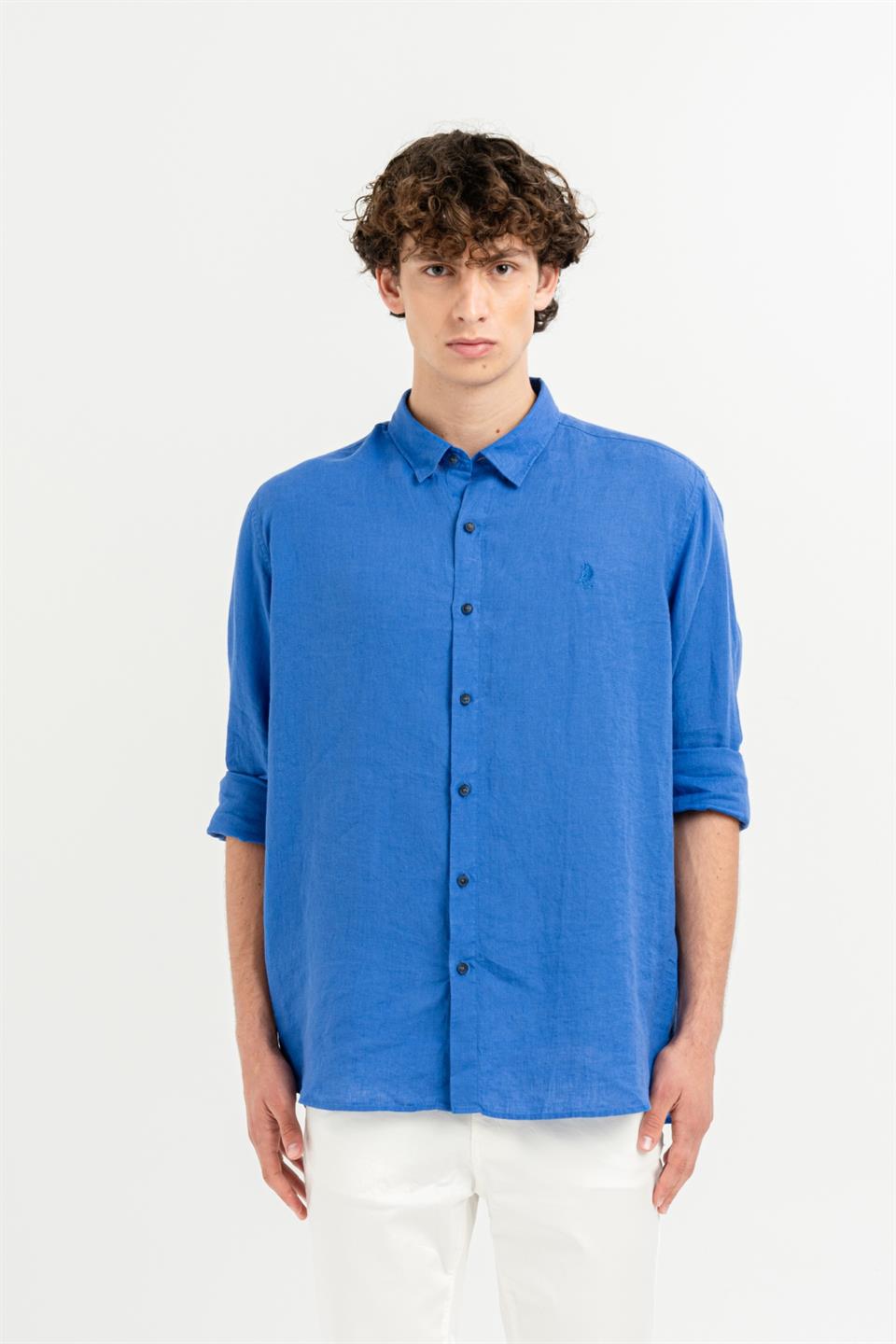 Yakası Alttan Britli Regular Fit %100 Keten Erkek Gömlek