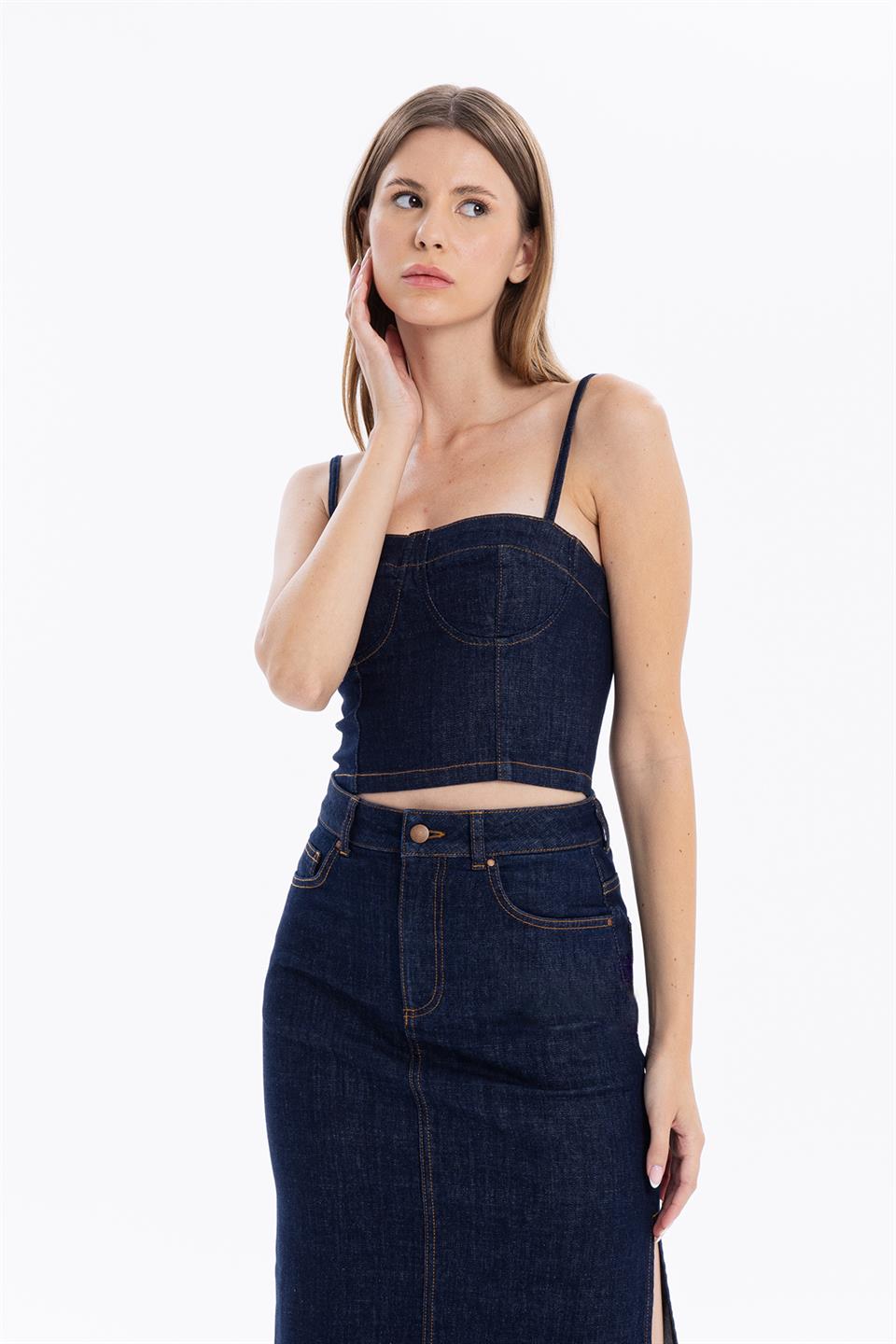 Yüksek Bel Cepli Yırtmaçlı Kadın Denim Etek