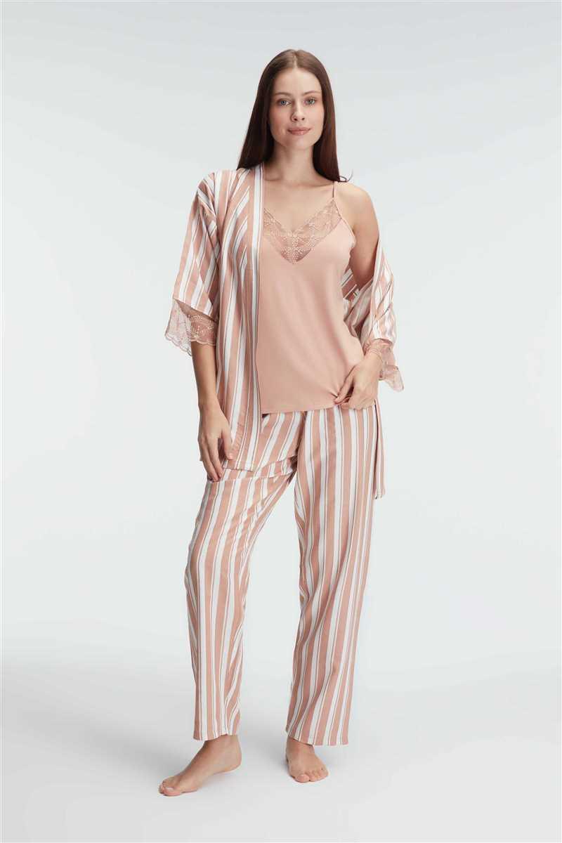 Anıl 5821 İp Askılı V Yaka Kadın Viskon Çizgili Desenli Yazlık Örme Pijama Takımı Sabahlık