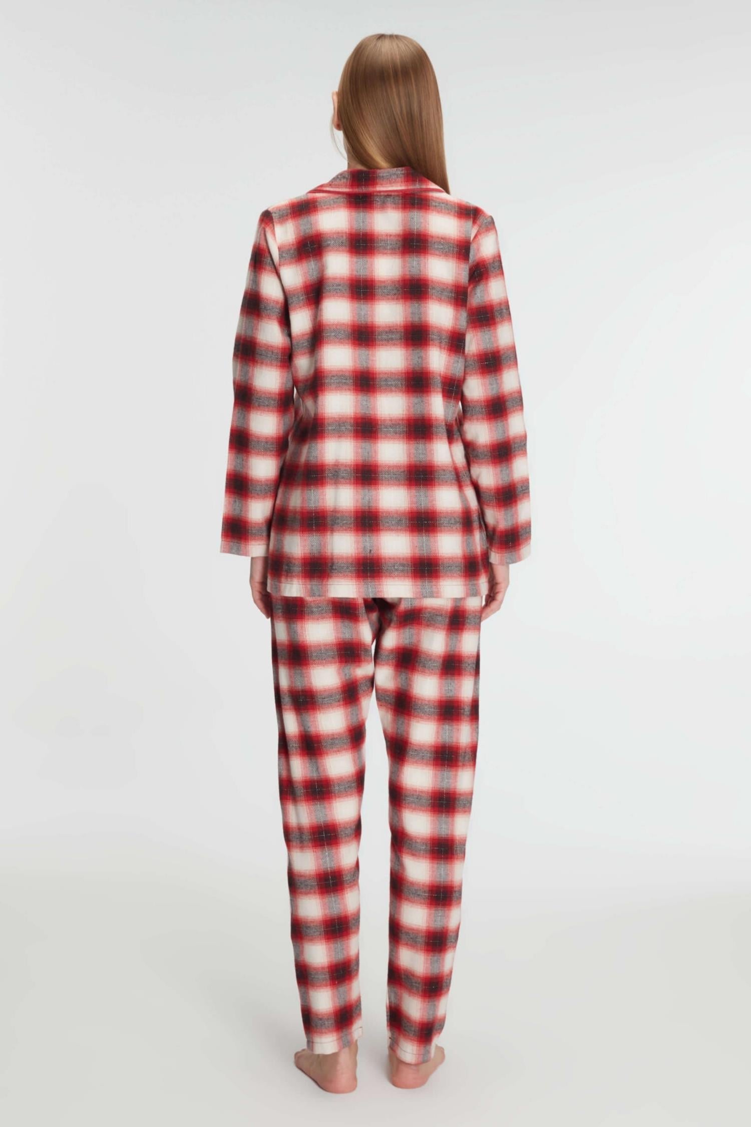 Kırmızı Pamuklu Uzun Kol Gömlek ve Pantolon Pijama Takım