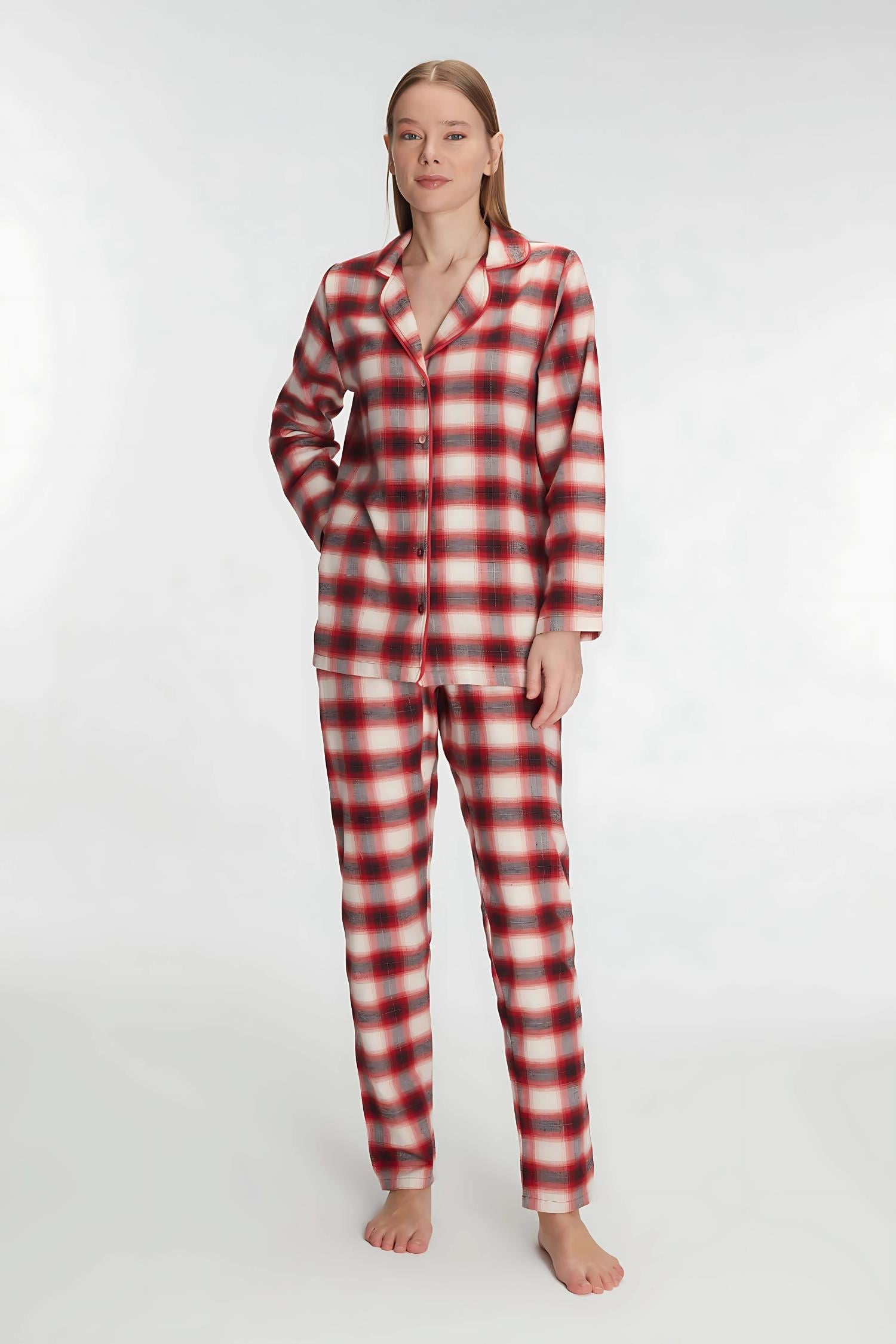 Kırmızı Pamuklu Uzun Kol Gömlek ve Pantolon Pijama Takım