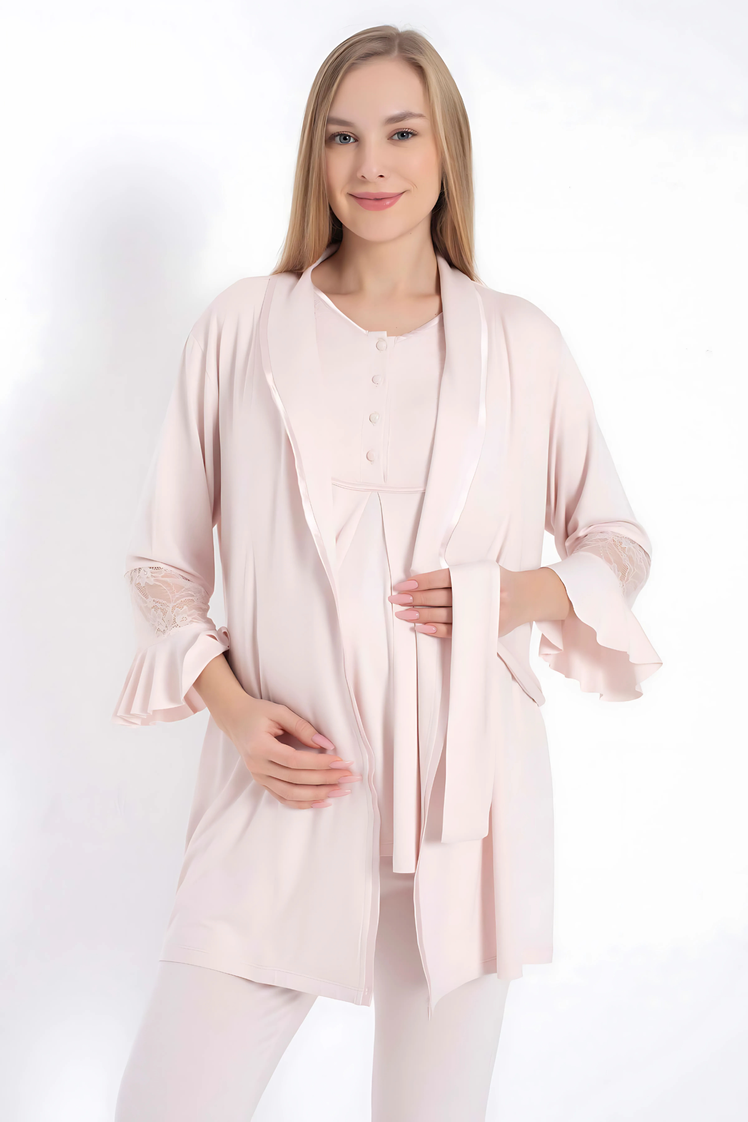Pembe Viskon Dantel Detaylı Hamile Pijama Sabahlık Takımı