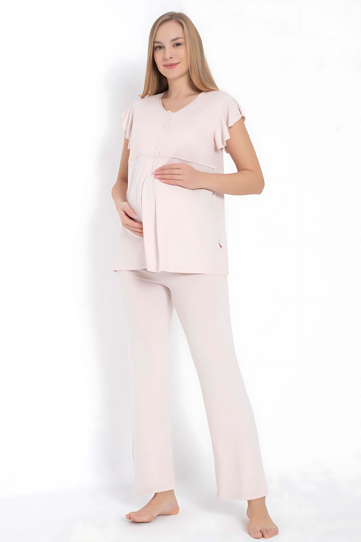 Pembe Viskon Dantel Detaylı Hamile Pijama Sabahlık Takımı