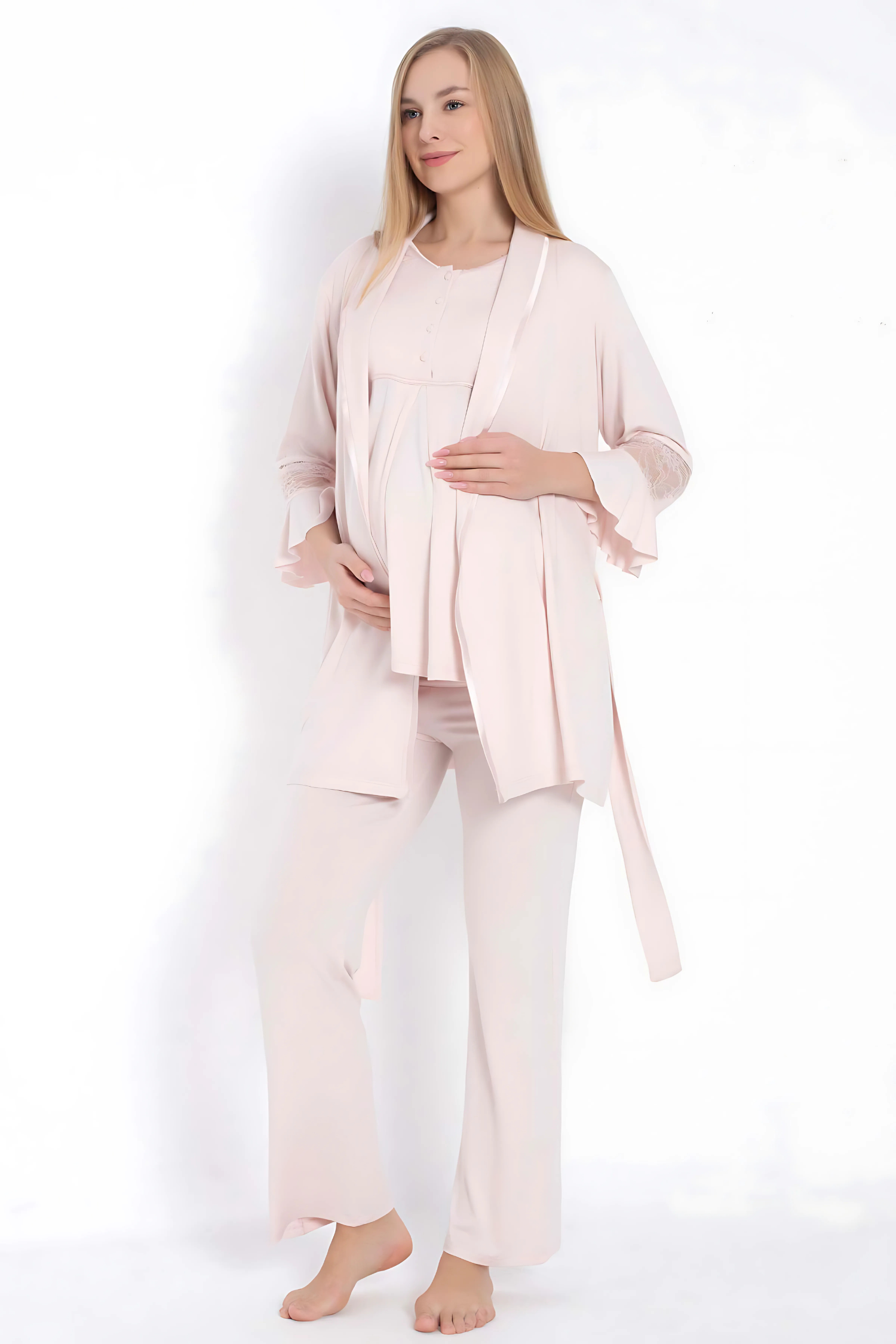 Pembe Viskon Dantel Detaylı Hamile Pijama Sabahlık Takımı