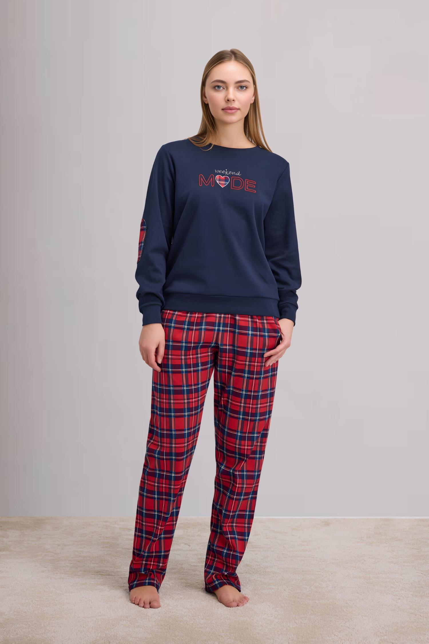 Kadın Uzun Kol Sweatshirt ve Kare Desenli Pantolon Pijama Takım