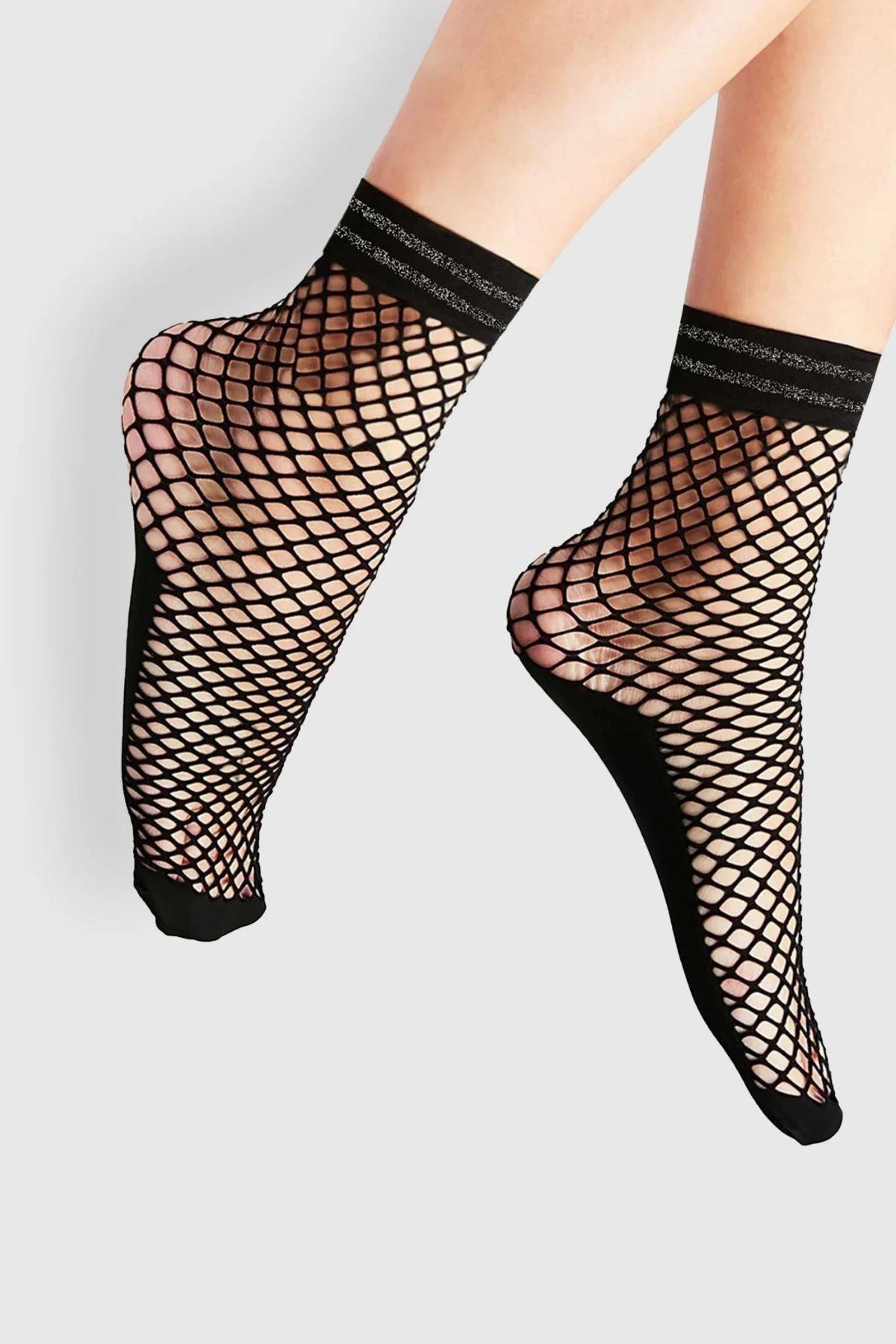 Siyah Simli File Fishnet Soket Çorap