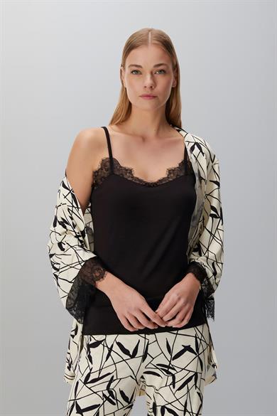 Siyah Kadın Sabahlık Atlet ve Pantolon Pijama Takım