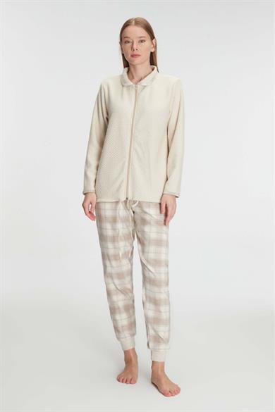 Ten Rengi Fermuarlı Uzun Kol Sweatshirt Pantolon Pijama Takımı