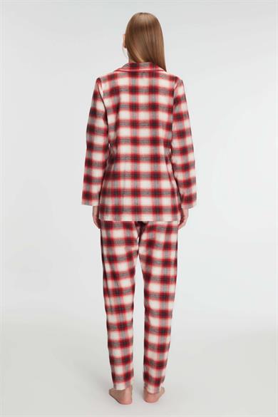 Kırmızı Pamuklu Uzun Kol Gömlek ve Pantolon Pijama Takım