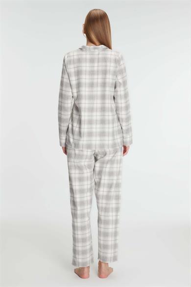 Gri Kare Desenli Cep Detaylı Gömlek Pijama Takımı