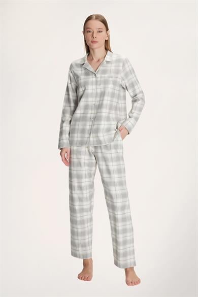 Gri Kare Desenli Cep Detaylı Gömlek Pijama Takımı