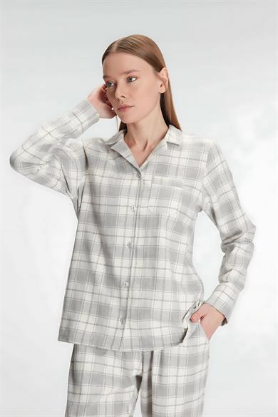 Gri Kare Desenli Cep Detaylı Gömlek Pijama Takımı