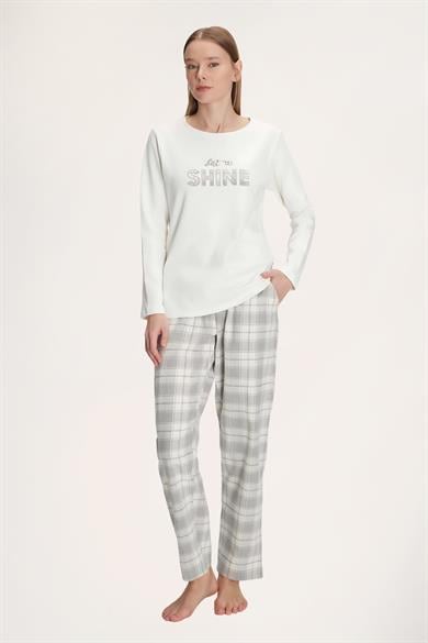 Gri Uzun Kol Pamuklu Kışlık Pijama Takımı