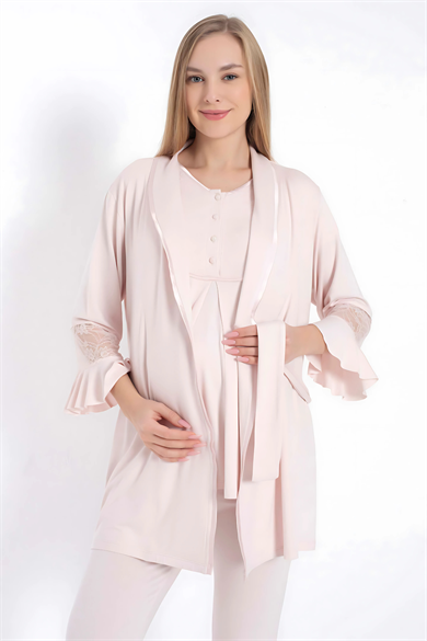 Pembe Viskon Dantel Detaylı Hamile Pijama Sabahlık Takımı