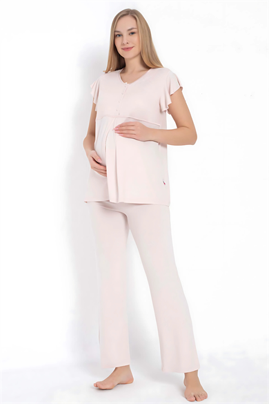 Pembe Viskon Dantel Detaylı Hamile Pijama Sabahlık Takımı