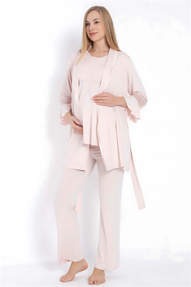 Pembe Viskon Dantel Detaylı Hamile Pijama Sabahlık Takımı