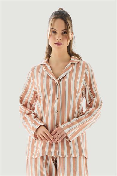 Koyu Ten Viskon Çizgili Pijama Takımı