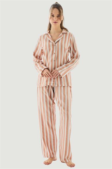 Koyu Ten Viskon Çizgili Pijama Takımı