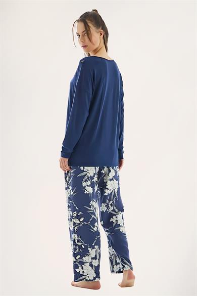 Lacivert Viskon Uzun Kol Tişört ve Pantolon Pijama Takımı