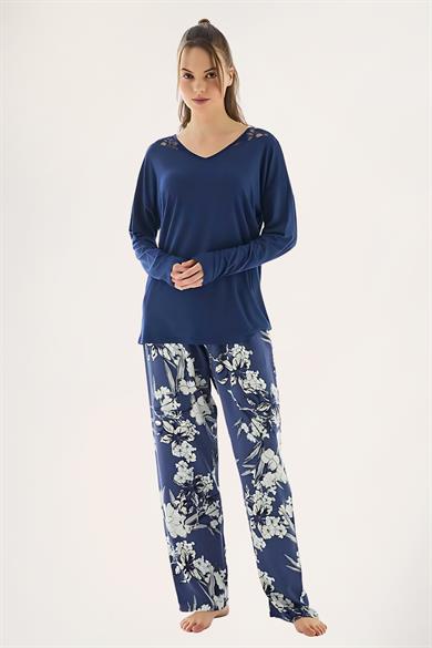Lacivert Viskon Uzun Kol Tişört ve Pantolon Pijama Takımı