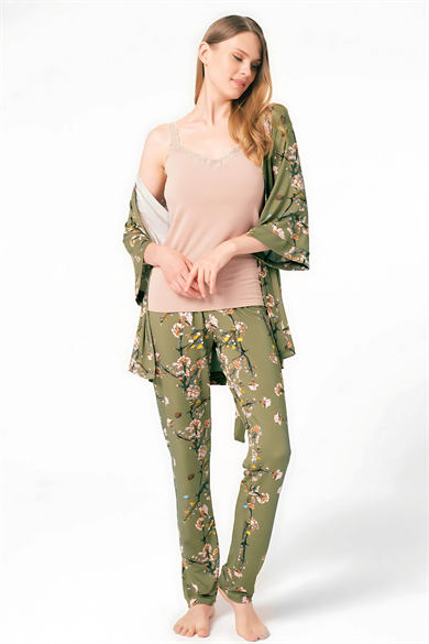 Yeşil Viskon Çiçek Desenli Kışlık Atlet Pijama Sabahlık Takımı