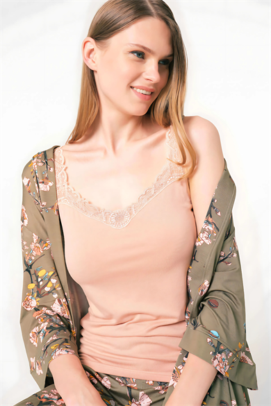 Yeşil Viskon Çiçek Desenli Kışlık Atlet Pijama Sabahlık Takımı