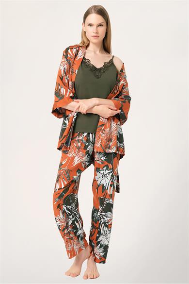 Tarçın Viskon Kışlık Nakış Detaylı Atlet Pijama Sabahlık Takımı