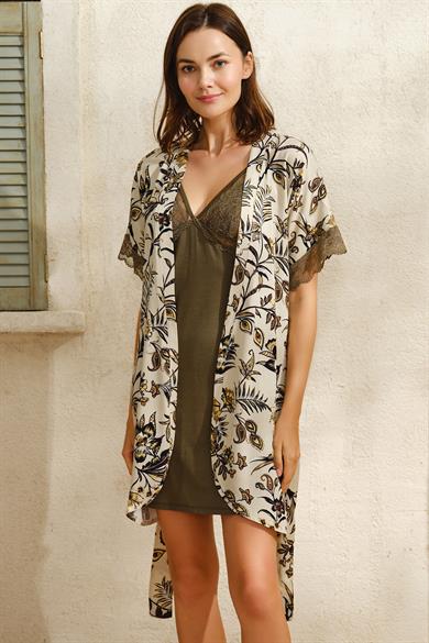 Haki Viskon Çiçek Desenli Sabahlık ve Dantelli Kısa Gecelik Takım
