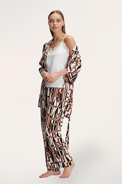 Kahverengi Viskon Dantel Detaylı Atlet Pantolon Pijama Sabahlık Takımı