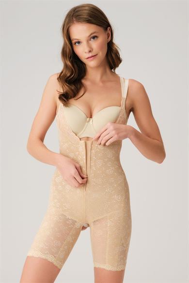Kadın Dikişli Fermuarlı Ağı Açık Uzun Paçalı Body Korse