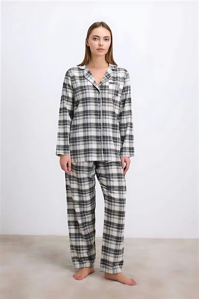 Antrasit Pamuklu Uzun Kol Gömlek ve Pantolon Pijama Takım