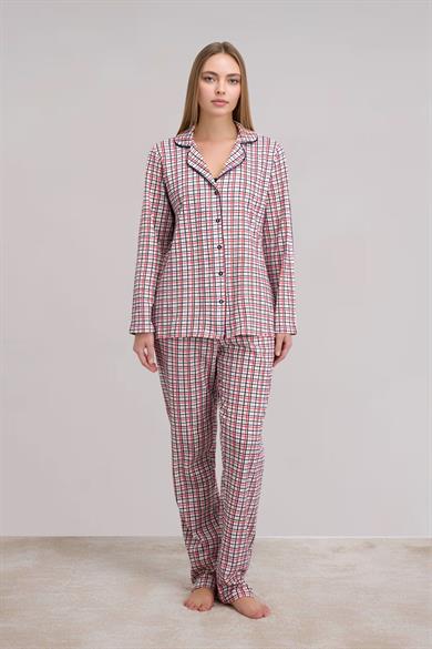 Kırmızı Kadın Uzun Kol Gömlek ve Pantolon Pijama Takım