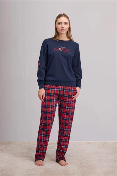Kadın Uzun Kol Sweatshirt ve Kare Desenli Pantolon Pijama Takım