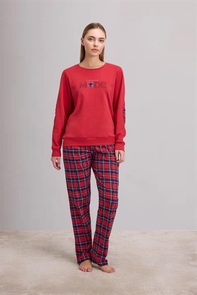 Kadın Uzun Kol Sweatshirt ve Kare Desenli Pantolon Pijama Takım